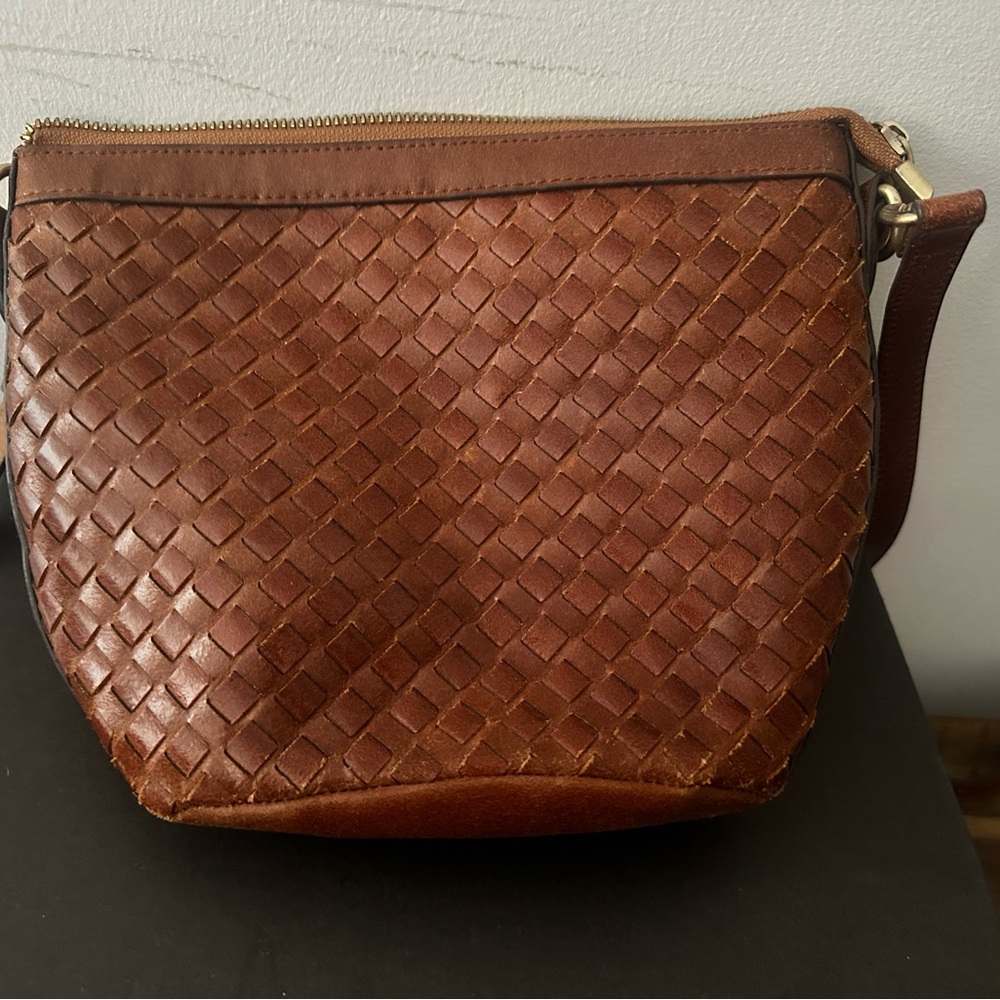 Wanted Tan Genuine Leather Woven Crossbody Bag